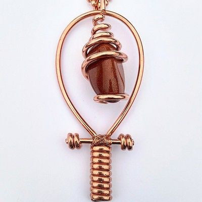 SOLID Elegant Wrapped Goldstone Ankh [Frequency Stone] Chakra